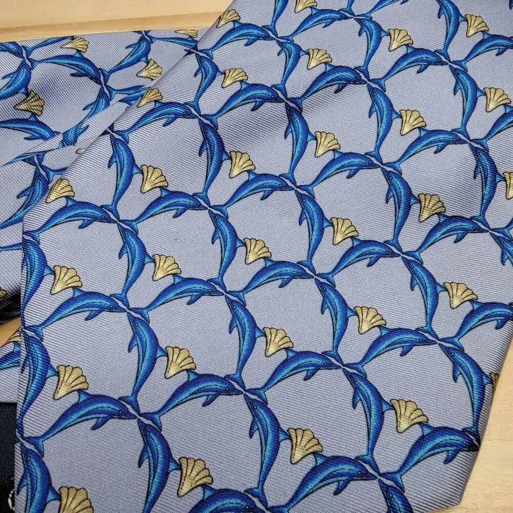 Lanvin Paris Dolphin Print Silk Tie Blue Sea Life Ocean Marine Novelty Necktie